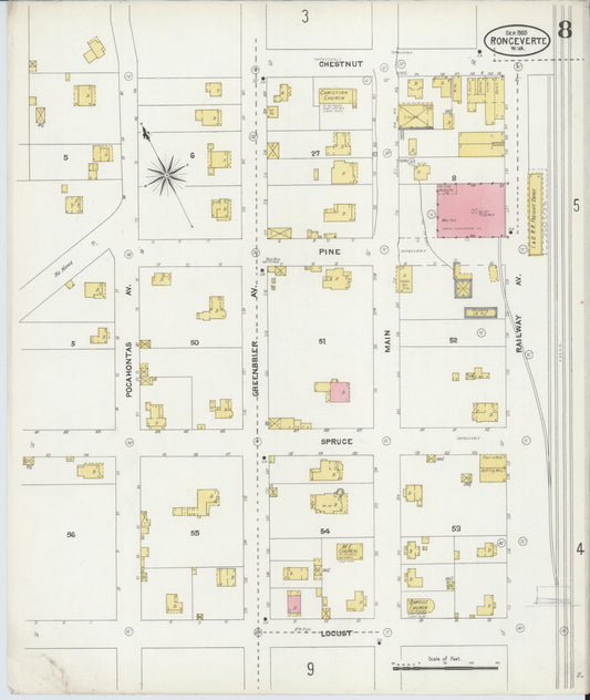 Sanborn Fire Insurance Map from Ronceverte, Greenbrier County, West Virginia (1905), Sheet #0008 - Historic Sanborn Fire Insurance Map Print, vintage old map wall art, antique decor, genealogy gift, West Virginia West Virginia map