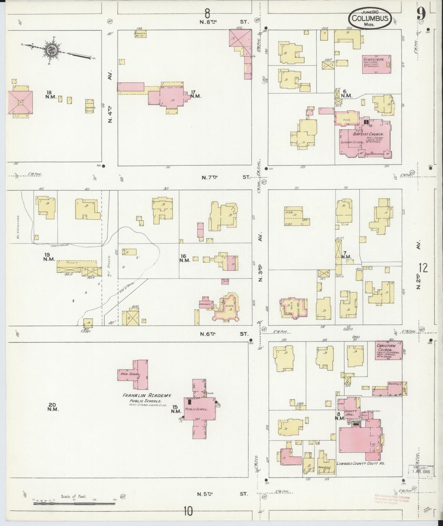 Sanborn Fire Insurance Map from Columbus, Lowndes County, Mississippi (1910), Sheet #0009 - Complete Map Set gallery image, historic Sanborn map, vintage wall art, Mississippi Mississippi