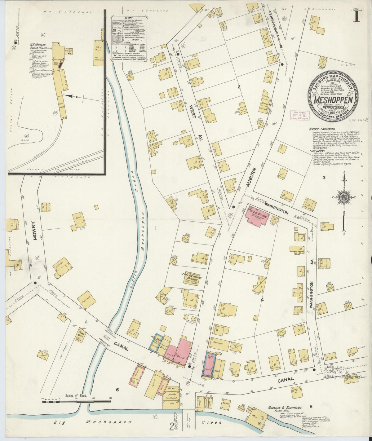 Sanborn Fire Insurance Map from Meshoppen, Wyoming County, Pennsylvania (1911), Sheet #0001 - Historic Sanborn Fire Insurance Map Print, vintage old map wall art, antique decor, genealogy gift, Meshoppen Wyoming map
