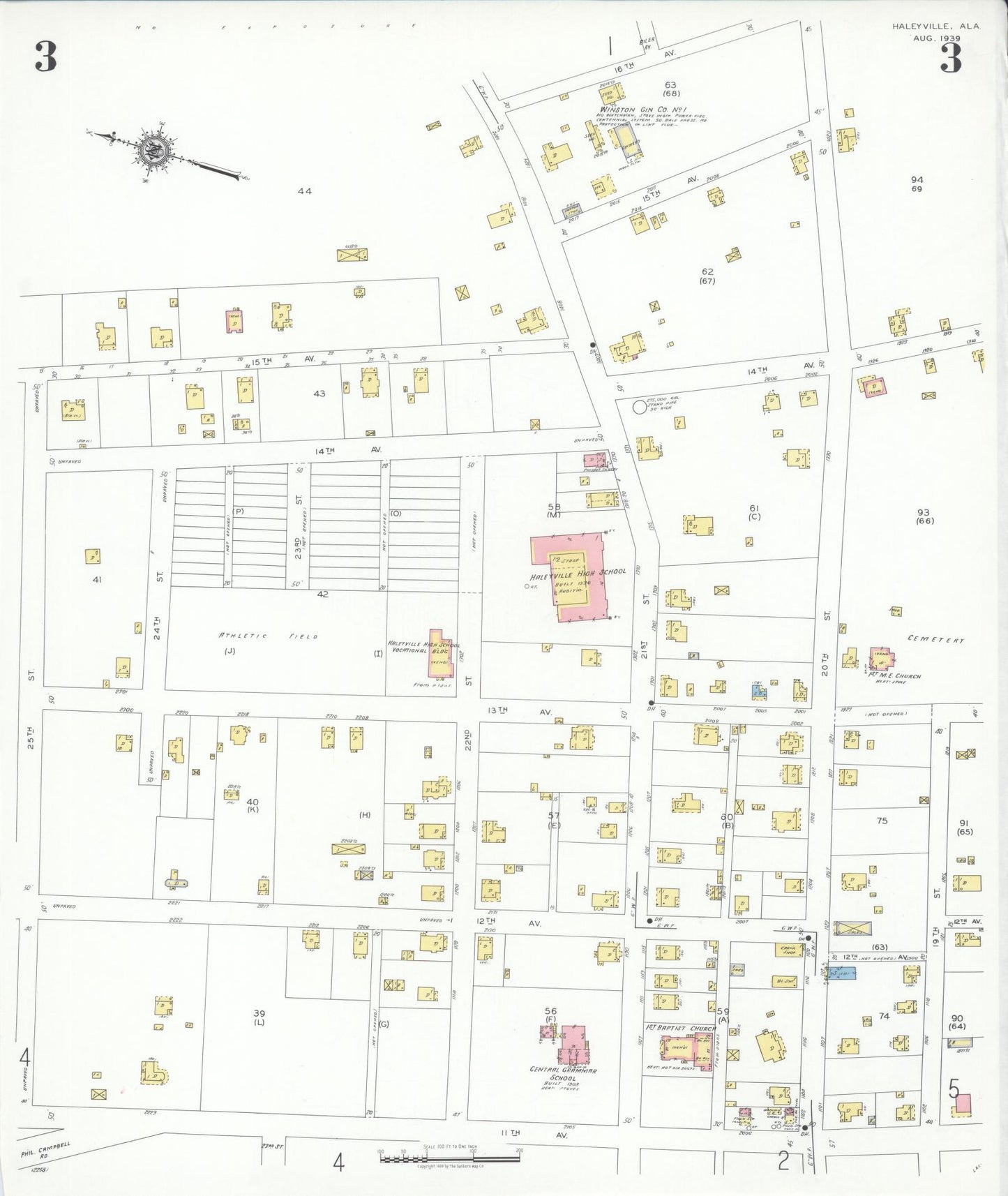 Sanborn Fire Insurance Map from Haleyville, Winston County, Alabama (1939), Sheet #0003 - Complete Map Set gallery image, historic Sanborn map, vintage wall art, Alabama Alabama