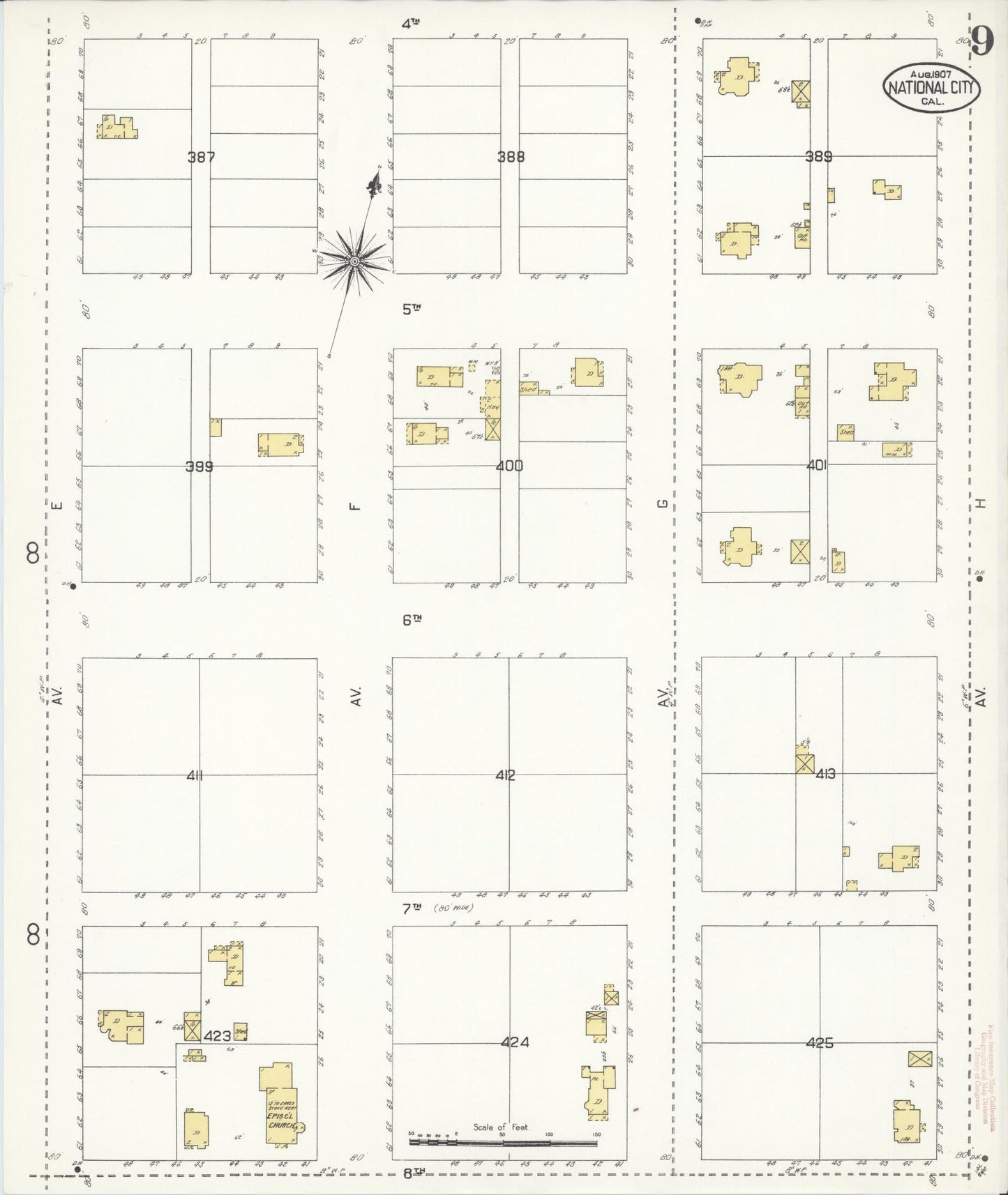 Sanborn Fire Insurance Map from National City, San Diego County, California (1907), Sheet #0009 - Complete Map Set gallery image, historic Sanborn map, vintage wall art, California California