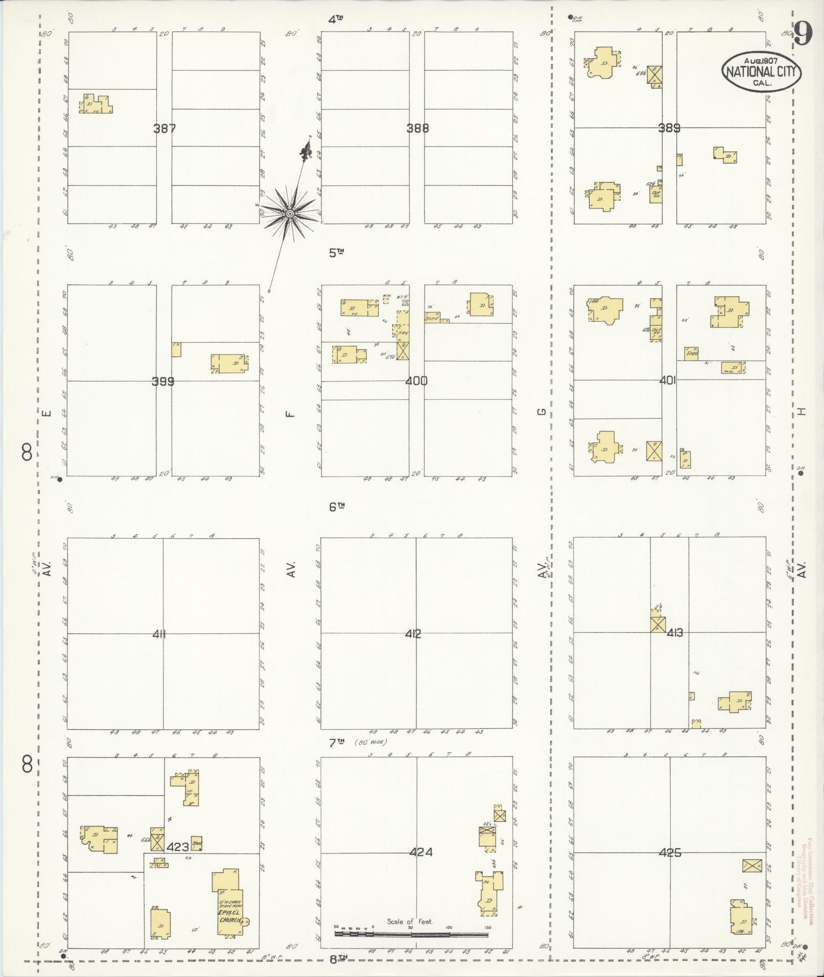 Sanborn Fire Insurance Map from National City, San Diego County, California (1907), Sheet #0009 - Complete Map Set gallery image, historic Sanborn map, vintage wall art, California California
