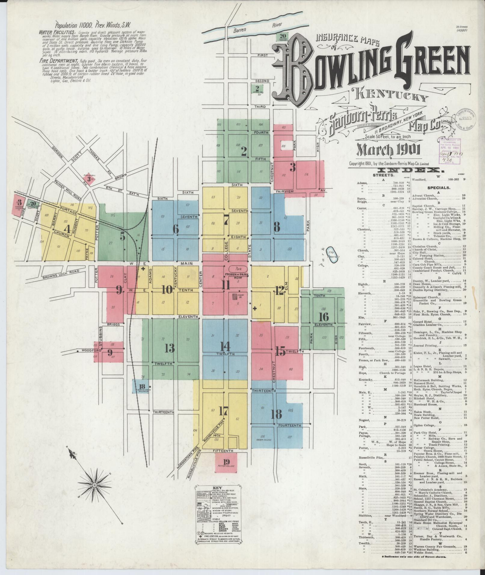 Sanborn Fire Insurance Map from Bowling Green, Warren County, Kentucky (1901), Sheet #0001 - Historic Sanborn Fire Insurance Map Print, vintage old map wall art, antique decor, genealogy gift, Kentucky Kentucky map