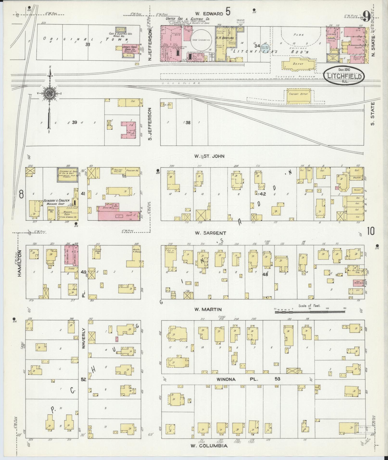 Sanborn Fire Insurance Map from Litchfield, Montgomery County, Illinois (1910), Sheet #0009 - Complete Map Set gallery image, historic Sanborn map, vintage wall art, Illinois Illinois