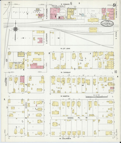 Sanborn Fire Insurance Map from Litchfield, Montgomery County, Illinois (1910), Sheet #0009 - Complete Map Set gallery image, historic Sanborn map, vintage wall art, Illinois Illinois