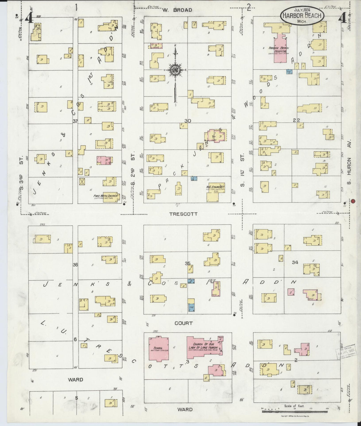 Sanborn Fire Insurance Map from Harbor Beach, Huron County, Michigan (1924), Sheet #0004 - Historic Sanborn Fire Insurance Map Print, vintage old map wall art, antique decor, genealogy gift, Michigan Michigan map
