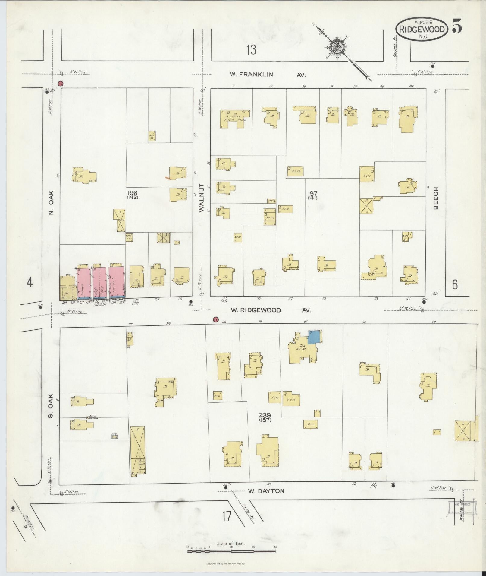 Sanborn Fire Insurance Map from Ridgewood, Bergen County, New Jersey (1916), Sheet #0005 - Complete Map Set gallery image, historic Sanborn map, vintage wall art, New Jersey New Jersey