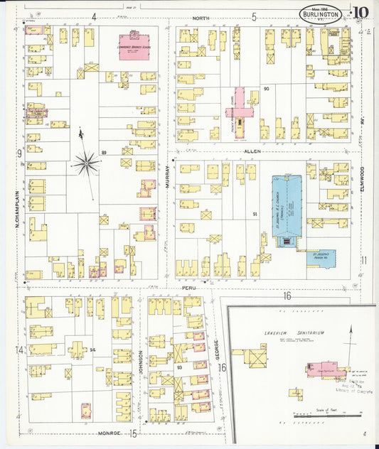 Sanborn Fire Insurance Map from Burlington, Chittenden County, Vermont (1906), Sheet #0010 - Historic Sanborn Fire Insurance Map Print, vintage old map wall art, antique decor, genealogy gift, Vermont Vermont map