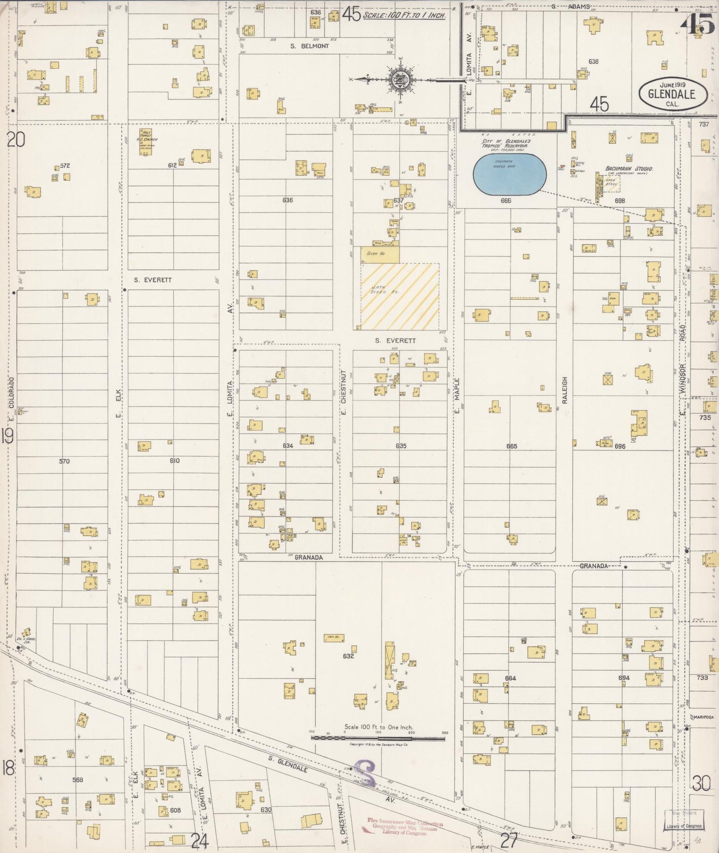 Sanborn Fire Insurance Map from Glendale, Los Angeles County, California (1919), Sheet #0045 - Historic Sanborn Fire Insurance Map Print, vintage old map wall art, antique decor, genealogy gift, California California map
