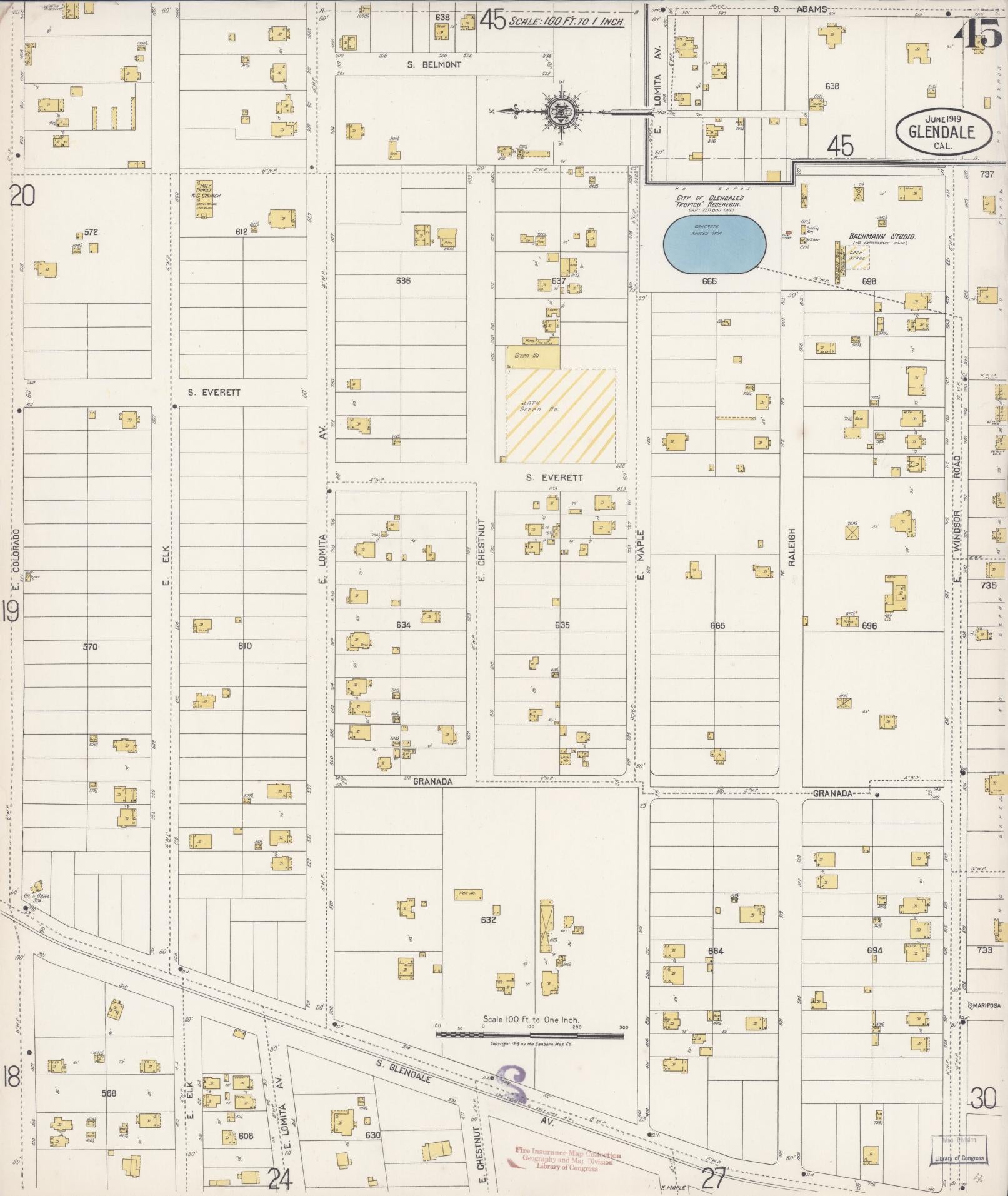 Sanborn Fire Insurance Map from Glendale, Los Angeles County, California (1919), Sheet #0045 - Historic Sanborn Fire Insurance Map Print, vintage old map wall art, antique decor, genealogy gift, California California map
