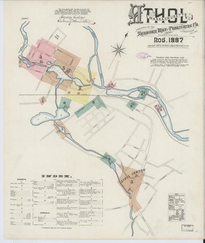 Sanborn Fire Insurance Map from Athol, Worcester County, Massachusetts (1887), Sheet #0001 - Historic Sanborn Fire Insurance Map Print, vintage old map wall art, antique decor, genealogy gift, Massachusetts Massachusetts map