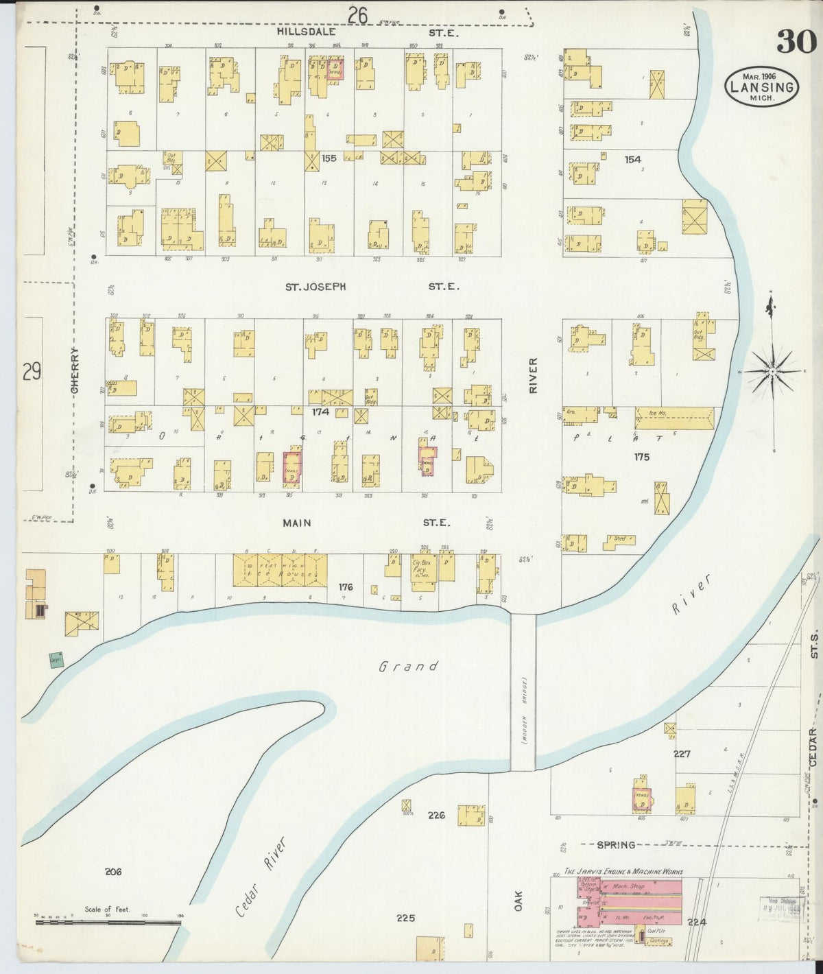 Sanborn Fire Insurance Map from Lansing, Ingham County, Michigan (1906), Sheet #0030 - Historic Sanborn Fire Insurance Map Print, vintage old map wall art, antique decor, genealogy gift, Michigan Michigan map