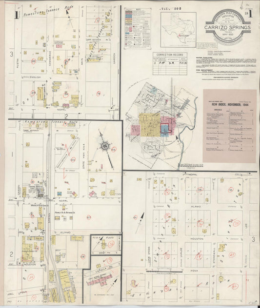 Sanborn Fire Insurance Map from Carrizo Springs, Dimmit County, Texas (1944), Sheet #0001 - Historic Sanborn Fire Insurance Map Print, vintage old map wall art, antique decor, genealogy gift, Texas Texas map
