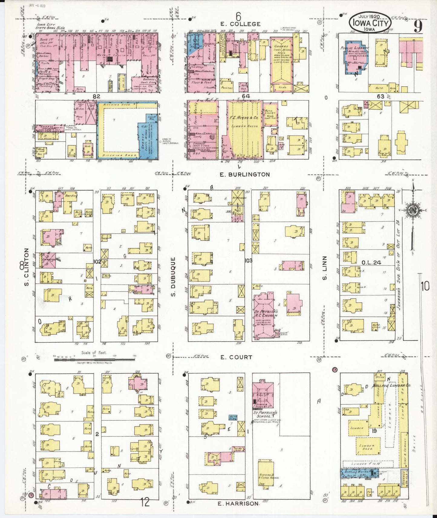 Sanborn Fire Insurance Map from Iowa City, Johnson County, Iowa (1920), Sheet #0009 - Historic Sanborn Fire Insurance Map Print, vintage old map wall art