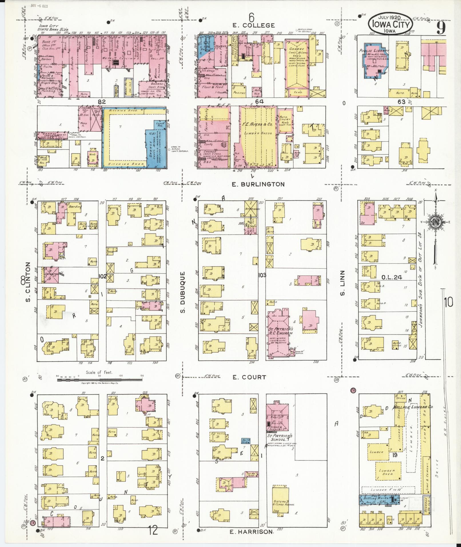 Sanborn Fire Insurance Map from Iowa City, Johnson County, Iowa (1920), Sheet #0009 - Historic Sanborn Fire Insurance Map Print, vintage old map wall art