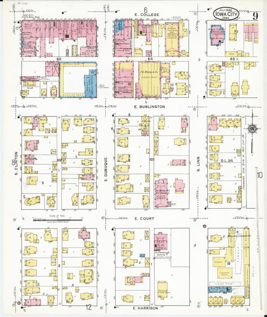 Sanborn Fire Insurance Map from Iowa City, Johnson County, Iowa (1920), Sheet #0009 - Historic Sanborn Fire Insurance Map Print, vintage old map wall art