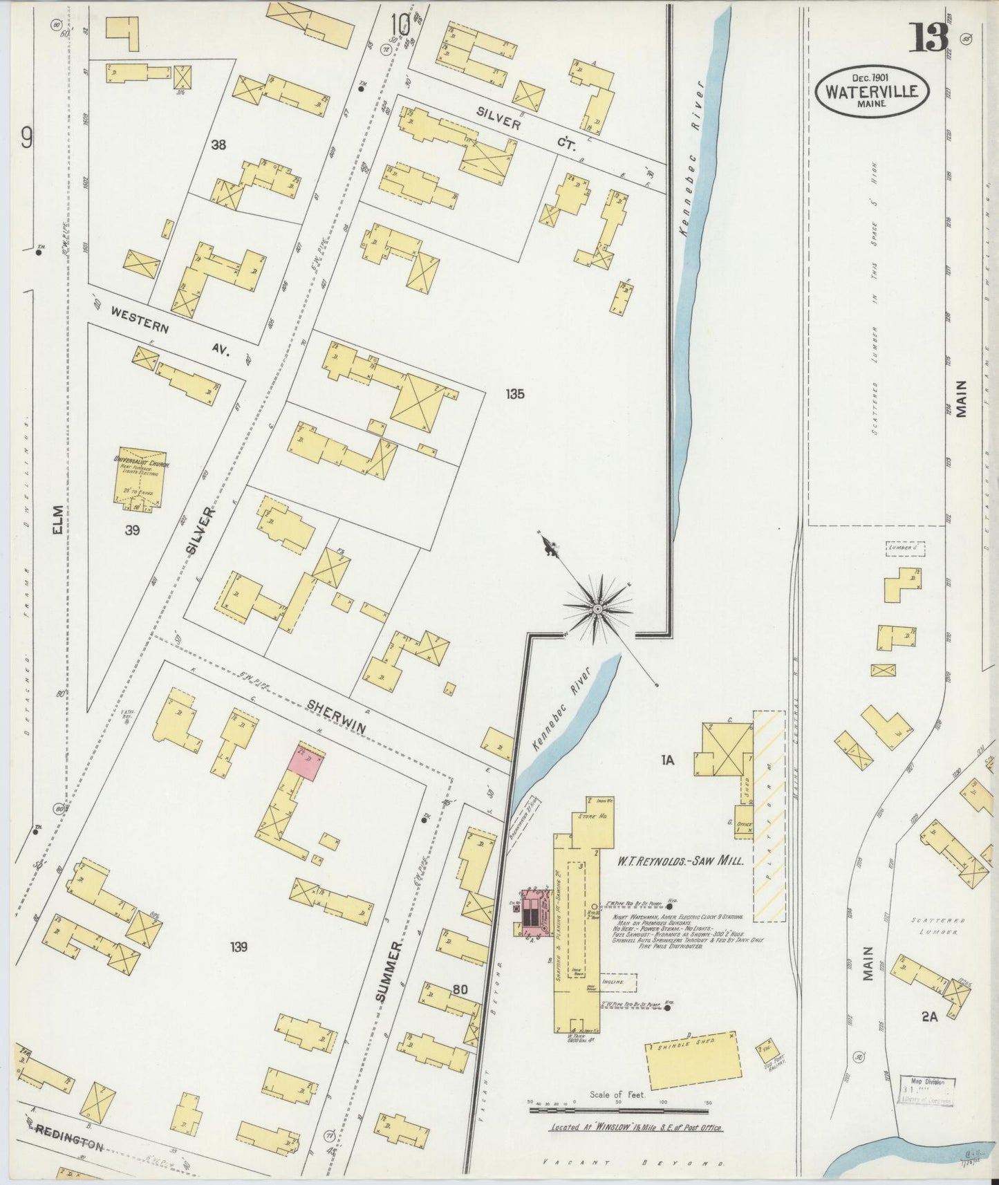 Sanborn Fire Insurance Map from Waterville, Kennebec County, Maine (1901), Sheet #0013 - Historic Sanborn Fire Insurance Map Print, vintage old map wall art, antique decor, genealogy gift, Maine Maine map