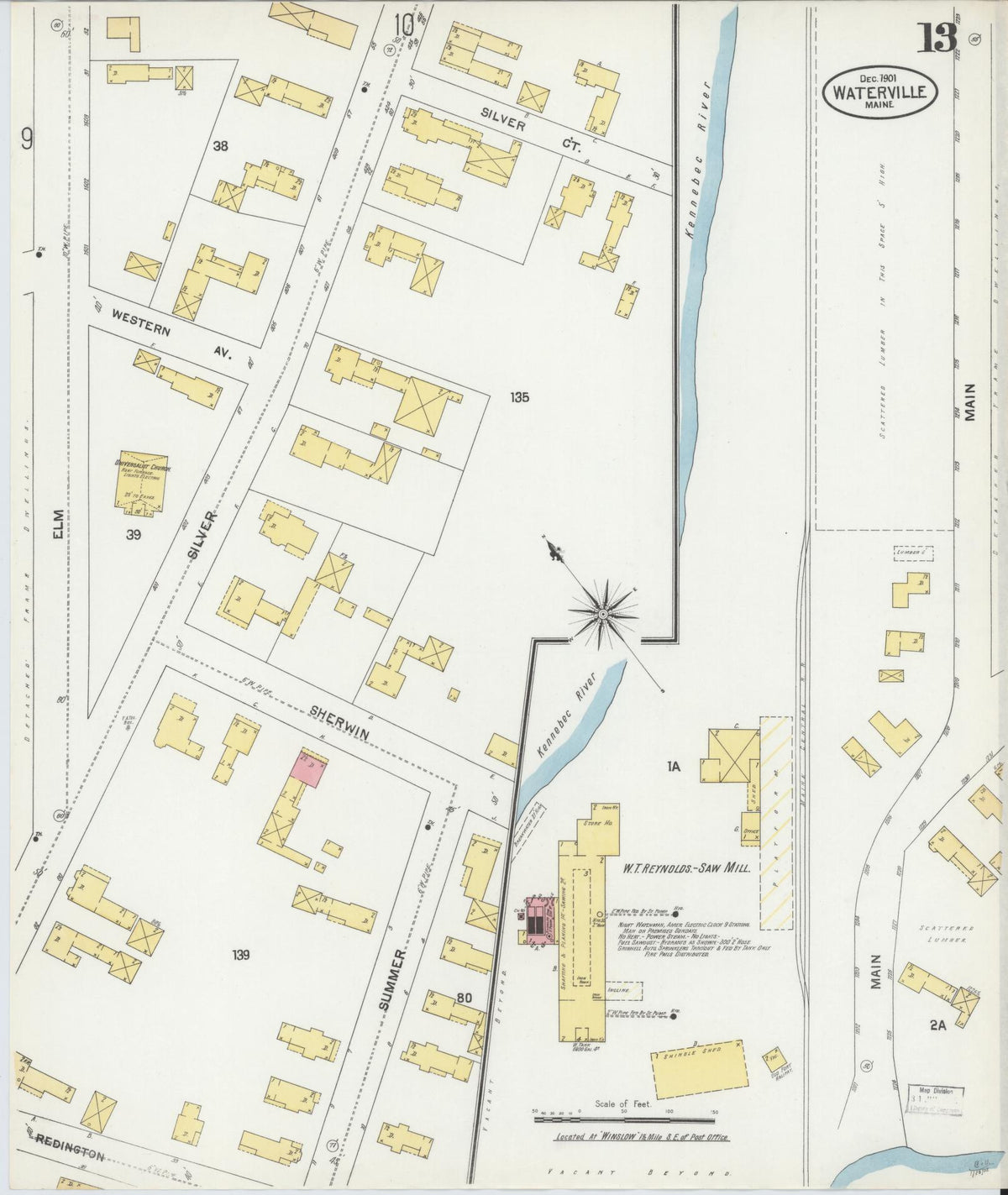 Sanborn Fire Insurance Map from Waterville, Kennebec County, Maine (1901), Sheet #0013 - Historic Sanborn Fire Insurance Map Print, vintage old map wall art, antique decor, genealogy gift, Maine Maine map