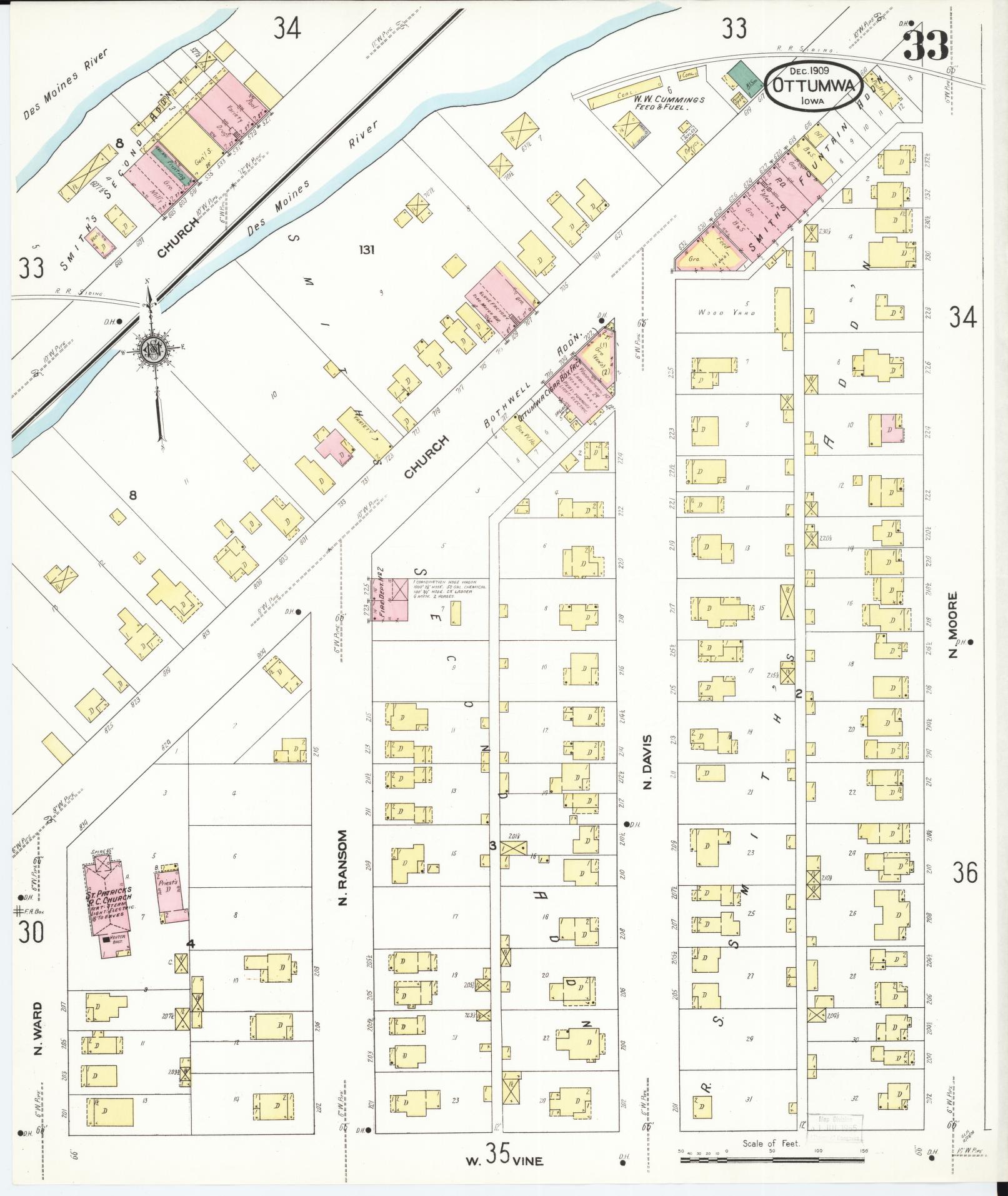 Sanborn Fire Insurance Map from Ottumwa, Wapello County, Iowa (1909), Sheet #0033 - Historic Sanborn Fire Insurance Map Print, vintage old map wall art