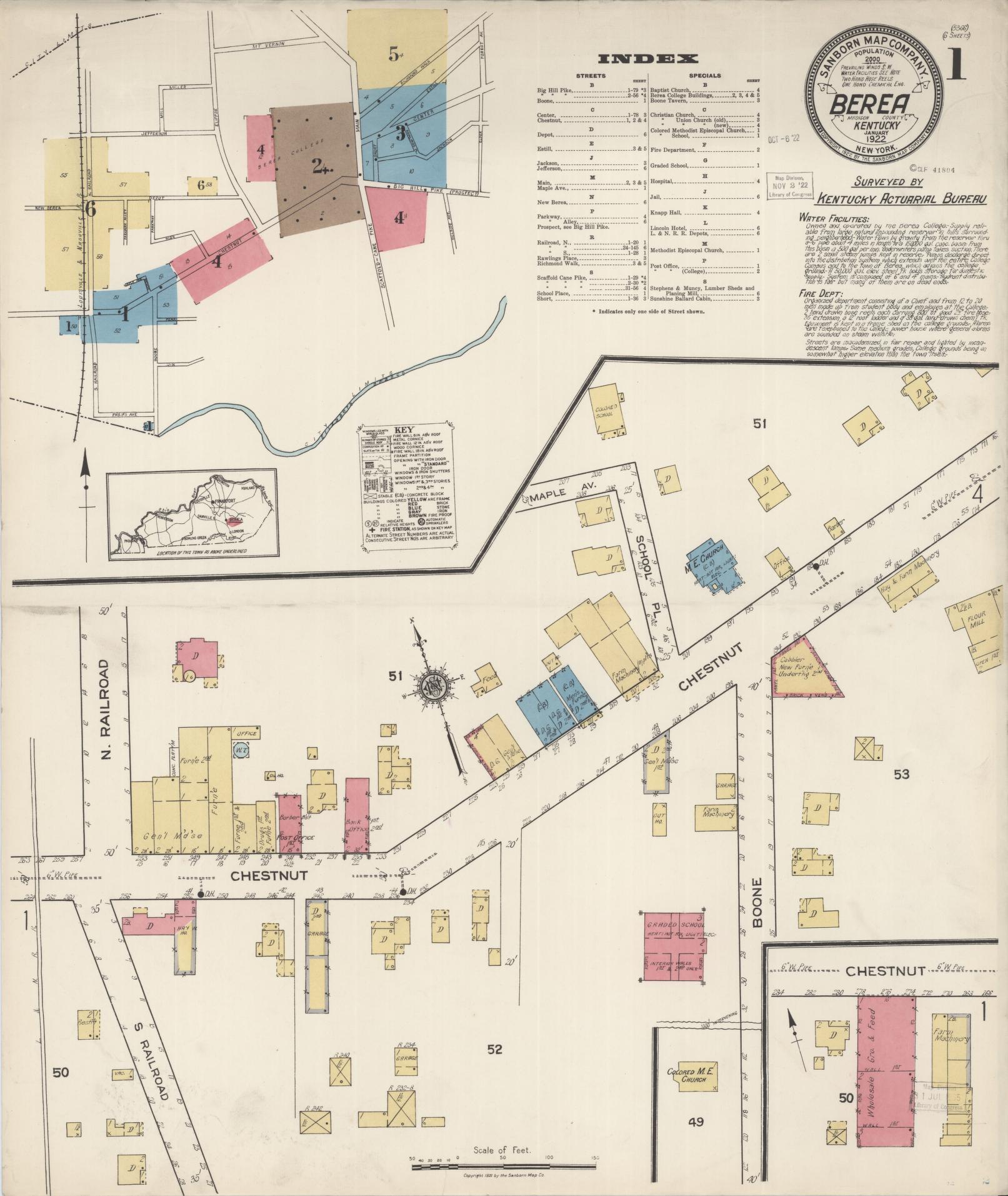 Sanborn Fire Insurance Map from Berea, Madison County, Kentucky (1922), Sheet #0001 - Complete Map Set gallery image, historic Sanborn map, vintage wall art, Kentucky Kentucky