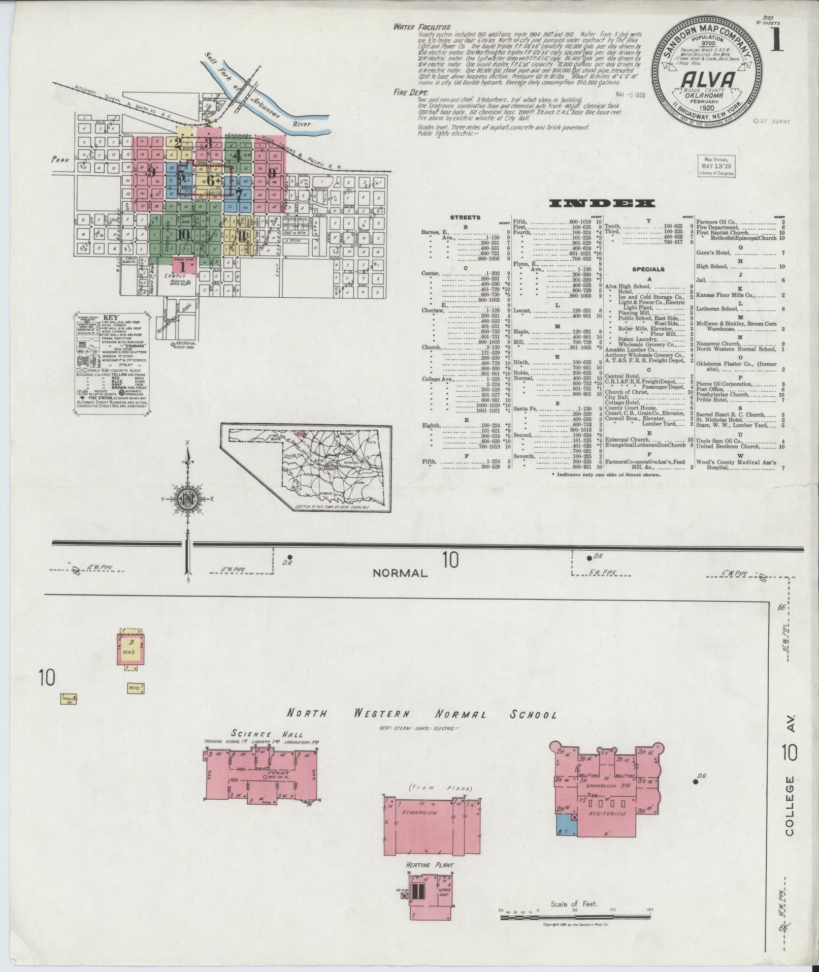 Sanborn Fire Insurance Map from Alva, Woods County, Oklahoma (1920), Sheet #0001 - Complete Map Set gallery image, historic Sanborn map, vintage wall art, Oklahoma Oklahoma
