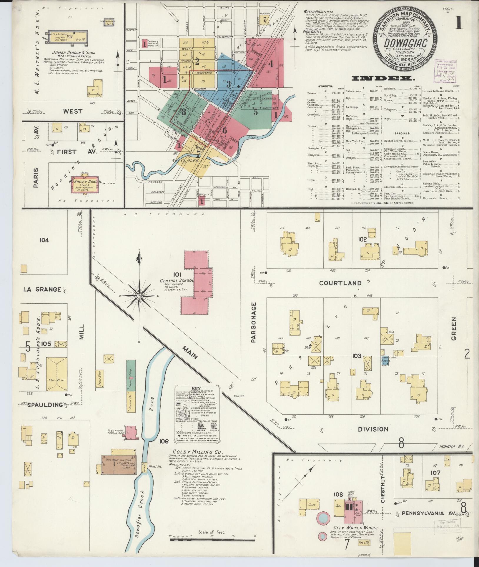 Sanborn Fire Insurance Map from Dowagiac, Cass County, Michigan (1908), Sheet #0001 - Complete Map Set gallery image, historic Sanborn map, vintage wall art, Michigan Michigan