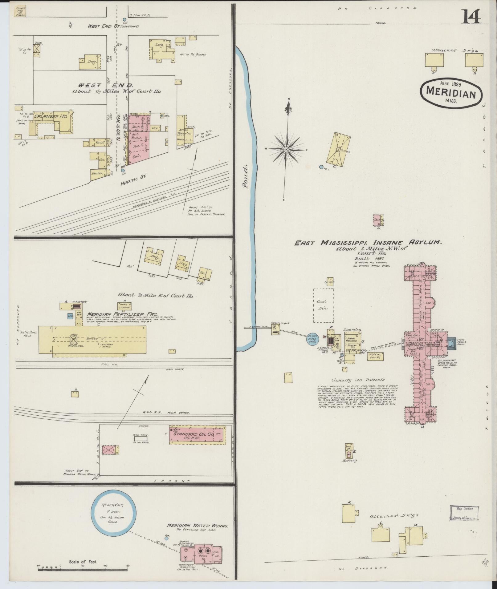 Sanborn Fire Insurance Map from Meridian, Lauderdale County, Mississippi (1889), Sheet #0014 - Historic Sanborn Fire Insurance Map Print, vintage old map wall art, antique decor, genealogy gift, Mississippi Mississippi map