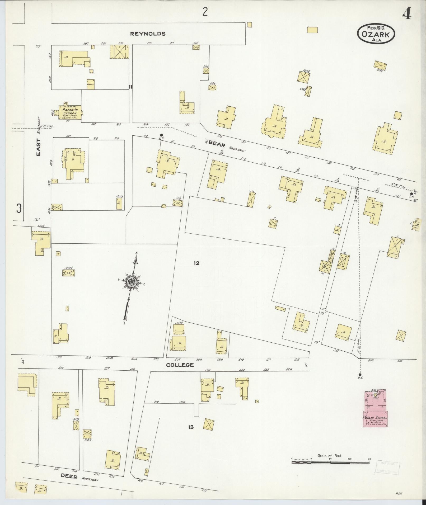 Sanborn Fire Insurance Map from Ozark, Dale County, Alabama (1910), Sheet #0004 - Historic Sanborn Fire Insurance Map Print, vintage old map wall art, antique decor, genealogy gift, Alabama Alabama map