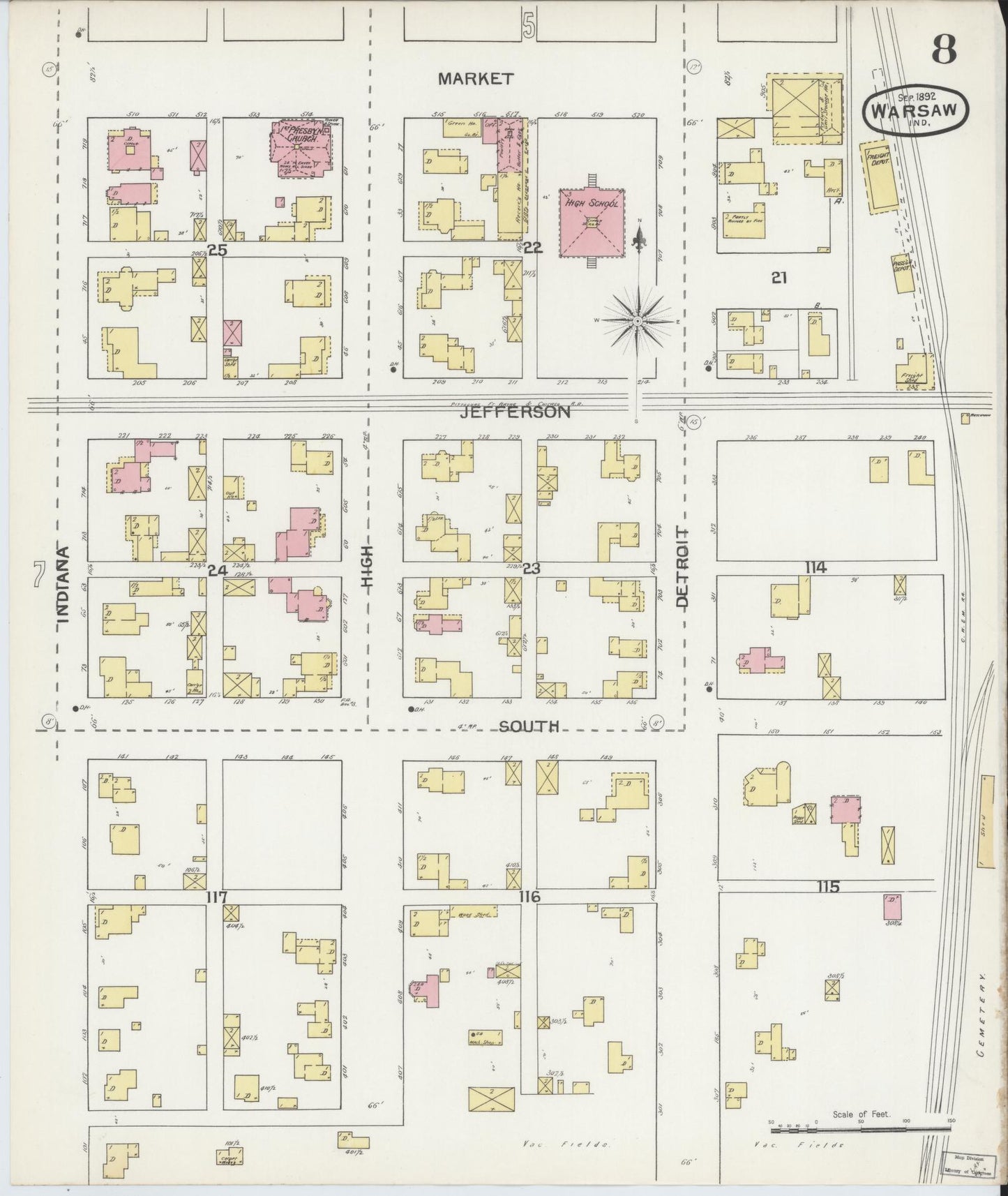 Sanborn Fire Insurance Map from Warsaw, Kosciusko County, Indiana (1892), Sheet #0008 - Complete Map Set gallery image, historic Sanborn map, vintage wall art, Indiana Indiana