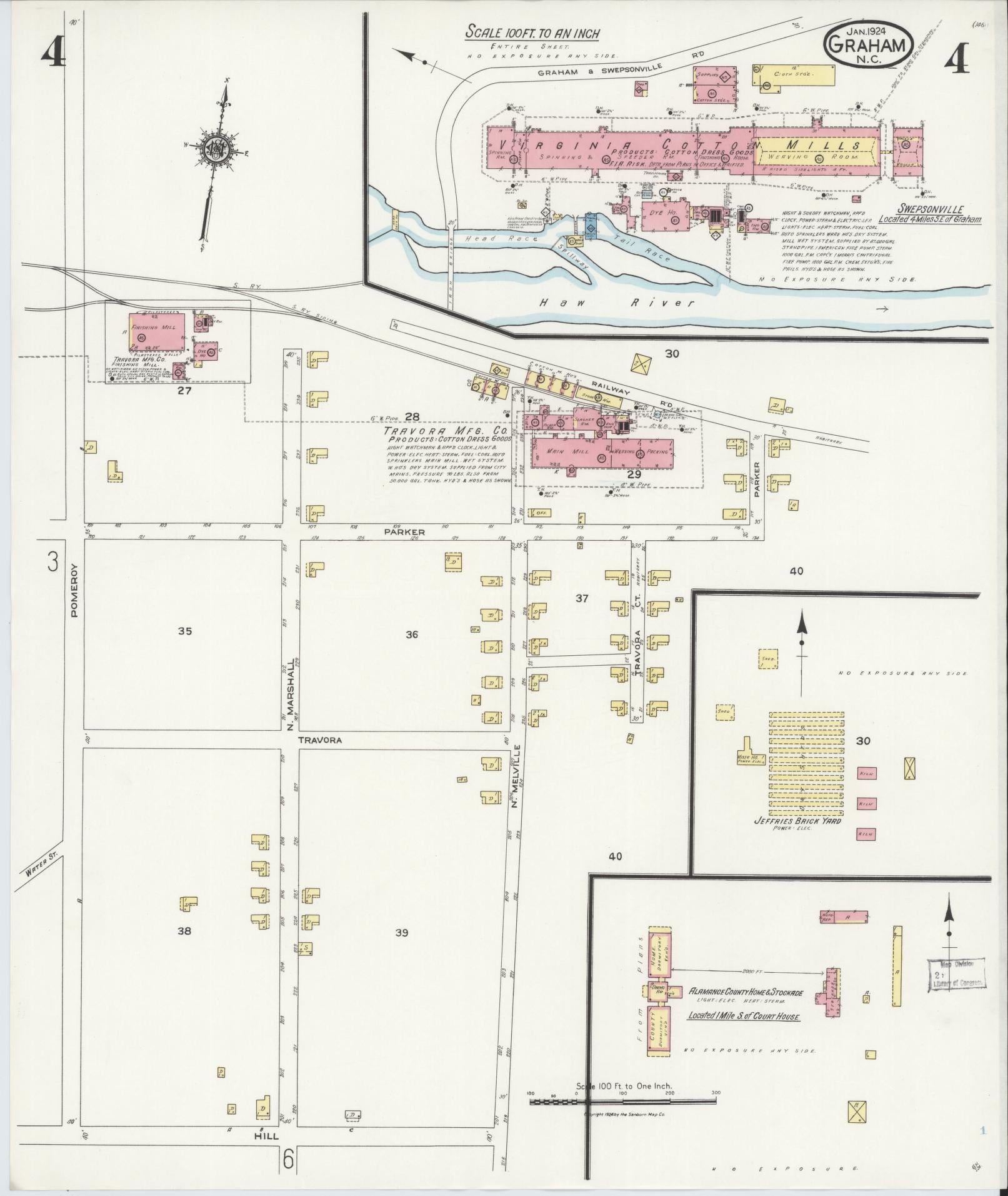 Sanborn Fire Insurance Map from Graham, Alamance County, North Carolina (1924), Sheet #0004 - Complete Map Set gallery image, historic Sanborn map, vintage wall art, North Carolina North Carolina