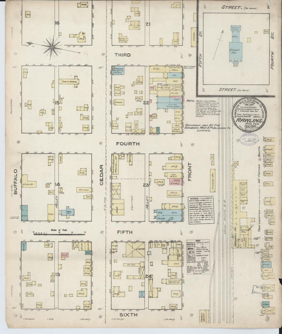 Sanborn Fire Insurance Map from Rawlins, Carbon County, Wyoming (1883), Sheet #0001 - Historic Sanborn Fire Insurance Map Print, vintage old map wall art, antique decor, genealogy gift, Wyoming Wyoming map