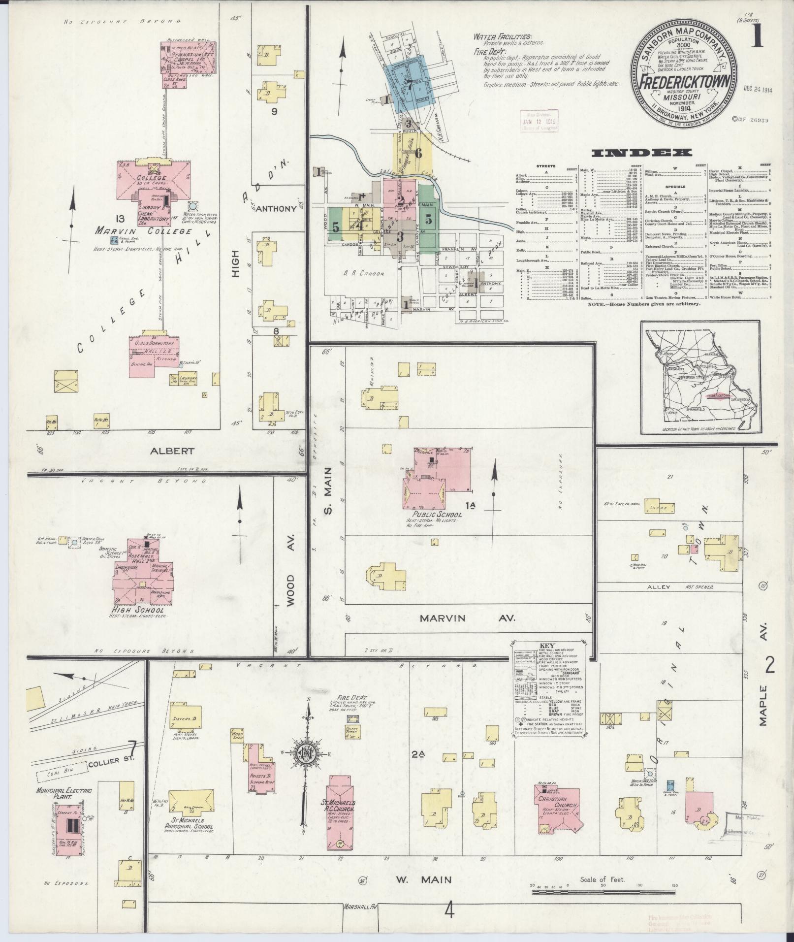 Sanborn Fire Insurance Map from Fredericktown, Madison County, Missouri (1914), Sheet #0001 - Complete Map Set gallery image, historic Sanborn map, vintage wall art, Missouri Missouri