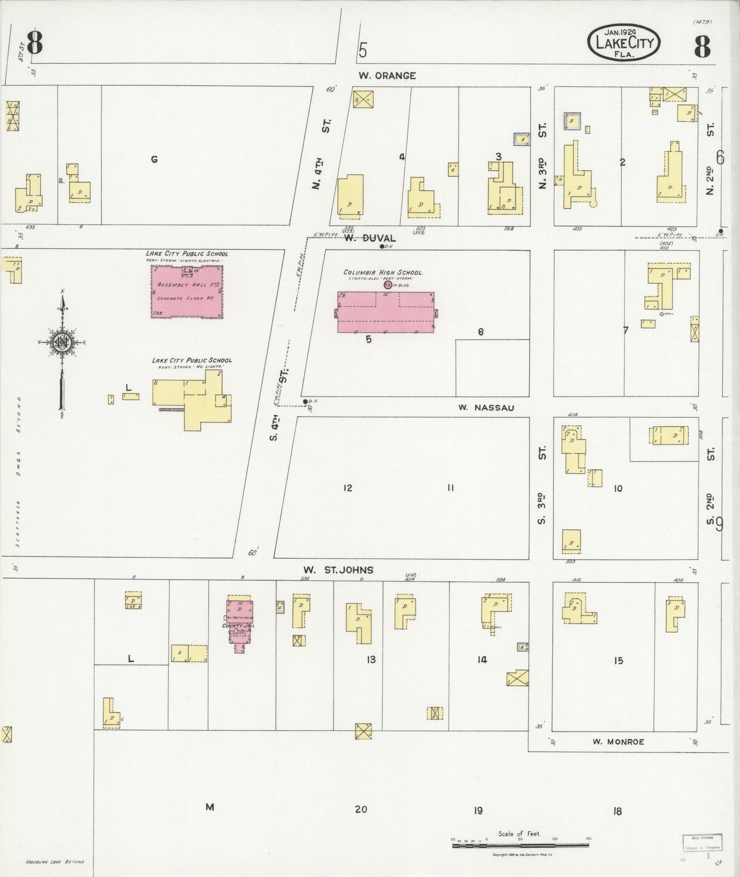 Sanborn Fire Insurance Map from Lake City, Columbia County, Florida (1924), Sheet #0008 - Complete Map Set gallery image, historic Sanborn map, vintage wall art, Florida Florida