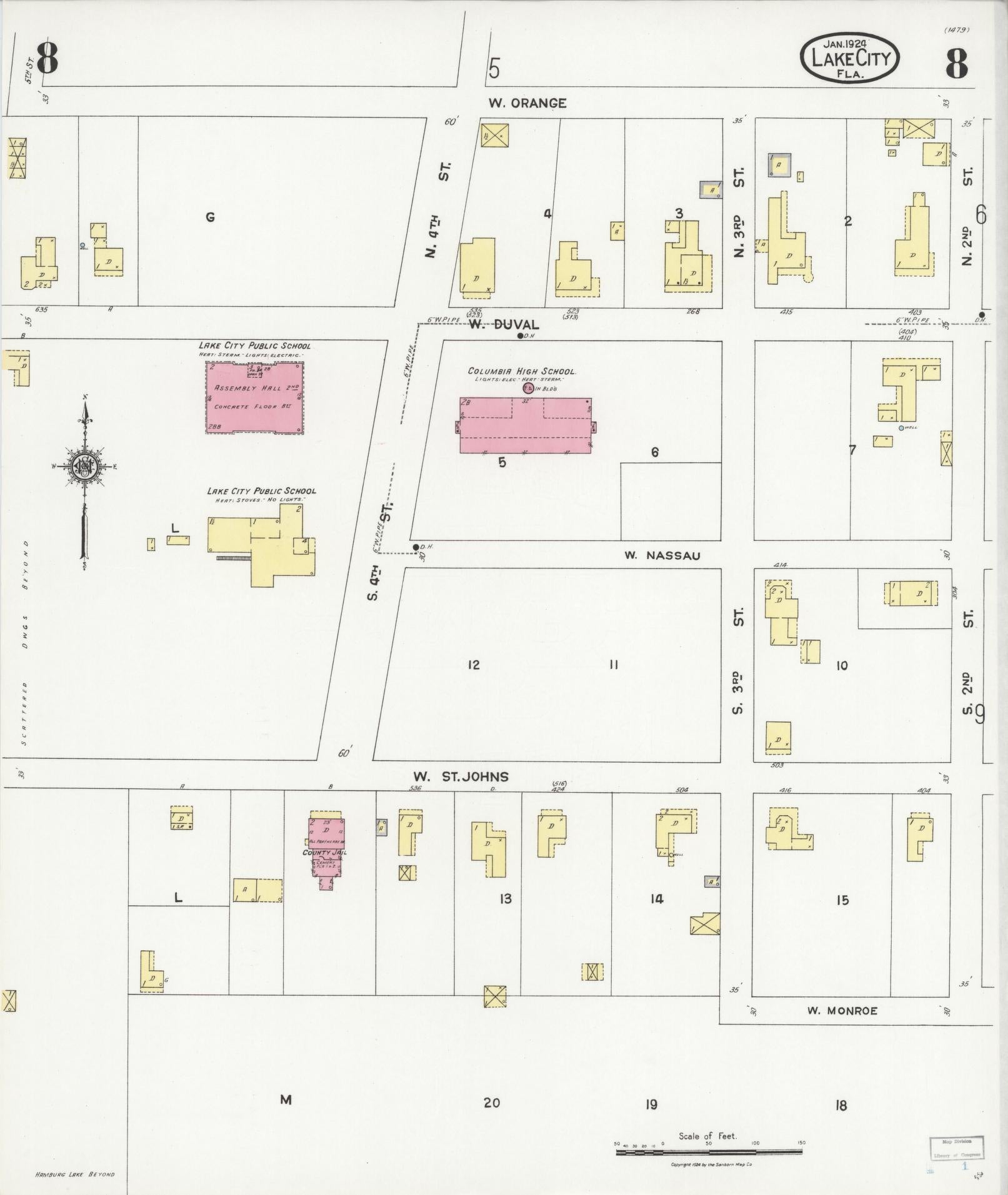 Sanborn Fire Insurance Map from Lake City, Columbia County, Florida (1924), Sheet #0008 - Complete Map Set gallery image, historic Sanborn map, vintage wall art, Florida Florida