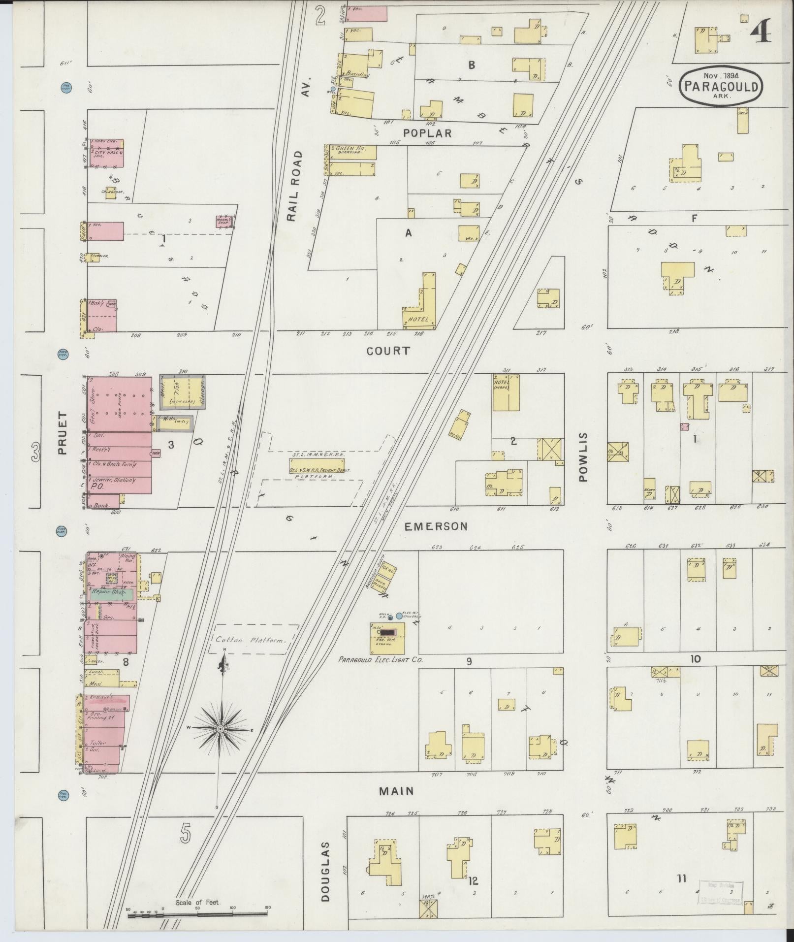 Sanborn Fire Insurance Map from Paragould, Greene County, Arkansas (1894), Sheet #0004 - Historic Sanborn Fire Insurance Map Print, vintage old map wall art, antique decor, genealogy gift, Arkansas Arkansas map