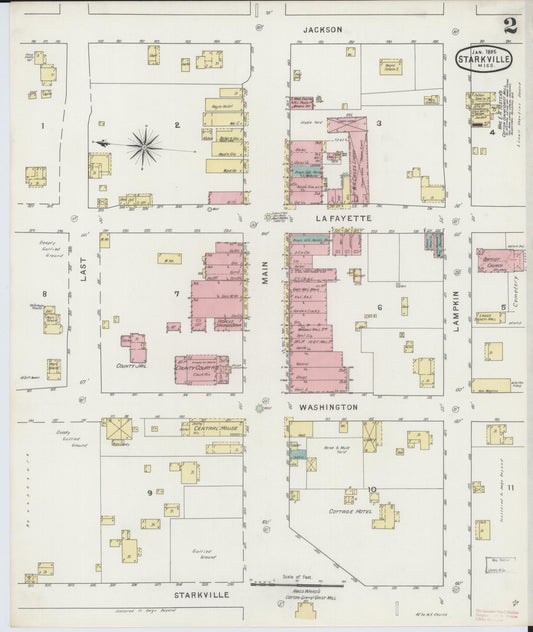 Sanborn Fire Insurance Map from Starkville, Oktibbeha County, Mississippi (1895), Sheet #0002 - Historic Sanborn Fire Insurance Map Print, vintage old map wall art, antique decor, genealogy gift, Mississippi Mississippi map