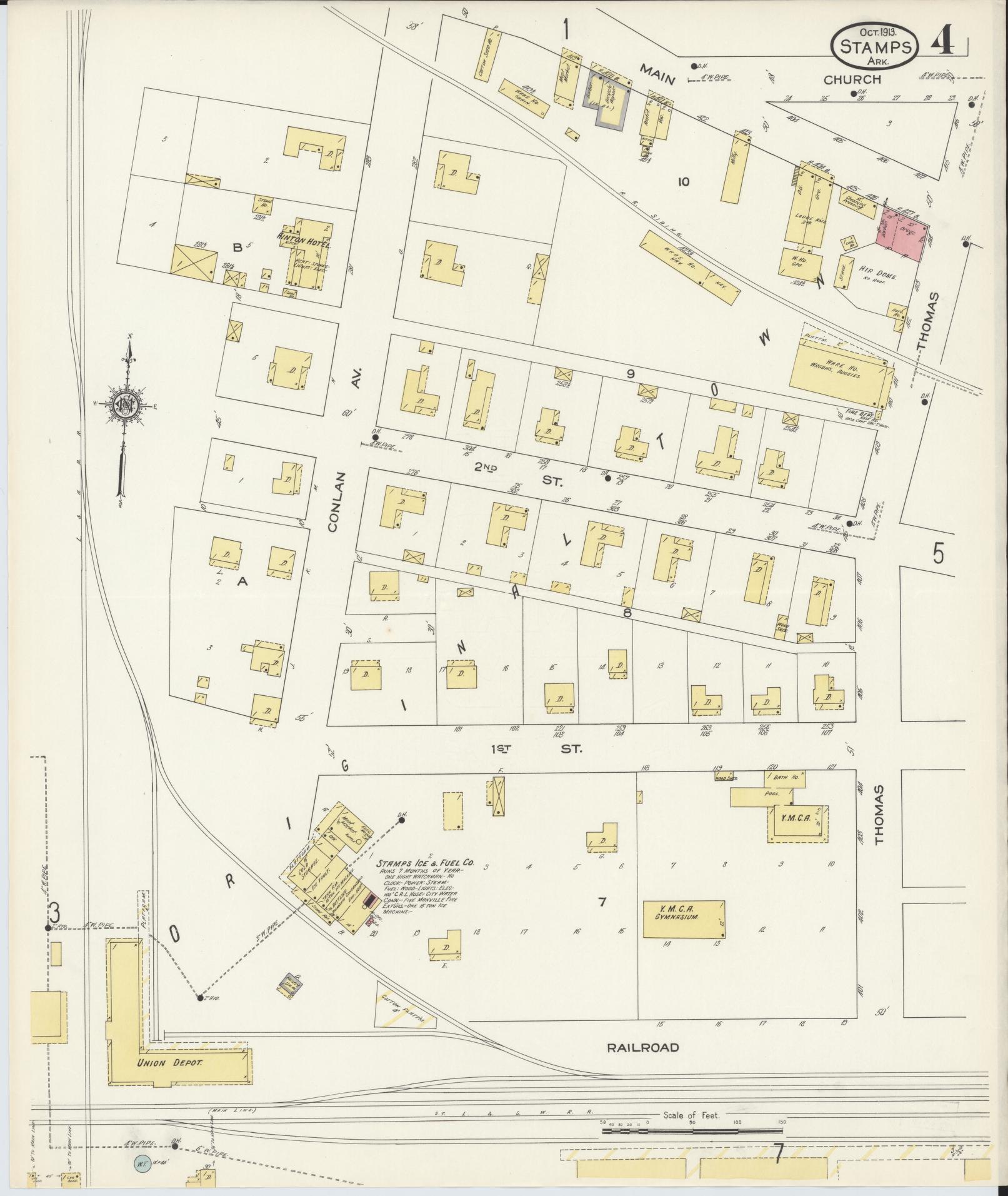 Sanborn Fire Insurance Map from Stamps, Lafayette County, Arkansas (1913), Sheet #0004 - Historic Sanborn Fire Insurance Map Print, vintage old map wall art, antique decor, genealogy gift, Arkansas Arkansas map