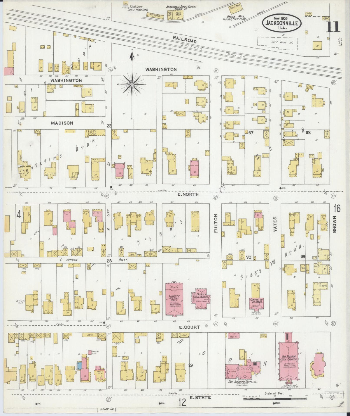 Sanborn Fire Insurance Map from Jacksonville, Morgan County, Illinois (1905), Sheet #0011 - Historic Sanborn Fire Insurance Map Print, vintage old map wall art, antique decor, genealogy gift, Illinois Illinois map
