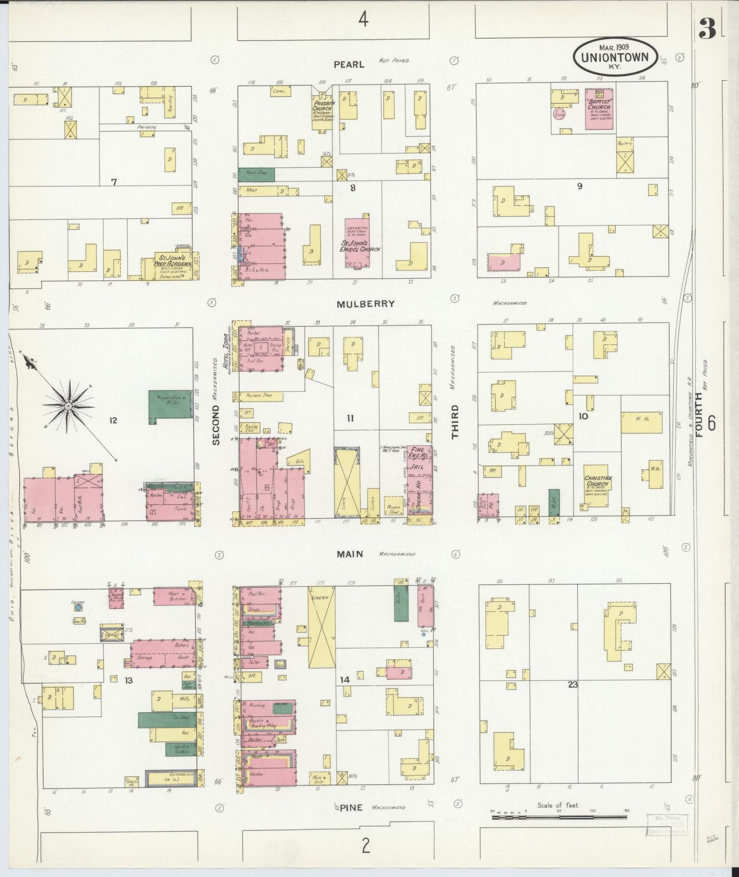 Sanborn Fire Insurance Map from Uniontown, Union County, Kentucky (1909), Sheet #0003 - Historic Sanborn Fire Insurance Map Print, vintage old map wall art, antique decor, genealogy gift, Kentucky Kentucky map