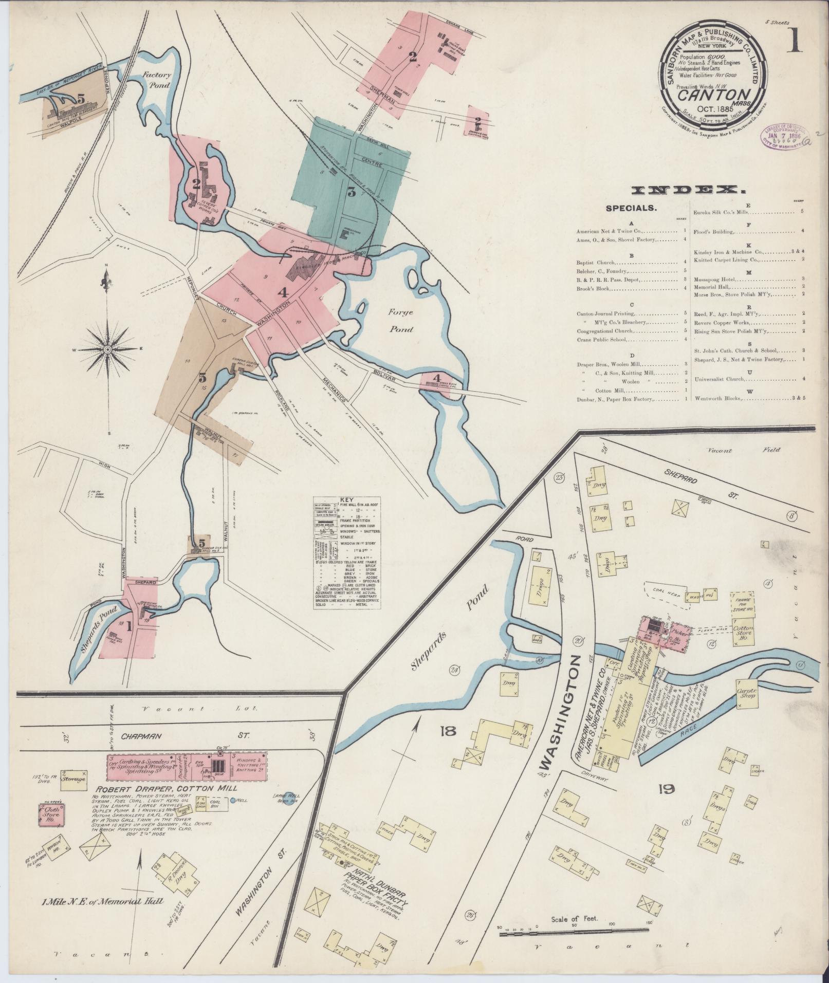 Sanborn Fire Insurance Map from Canton, Norfolk County, Massachusetts (1885), Sheet #0001 - Complete Map Set gallery image, historic Sanborn map, vintage wall art, Massachusetts Massachusetts