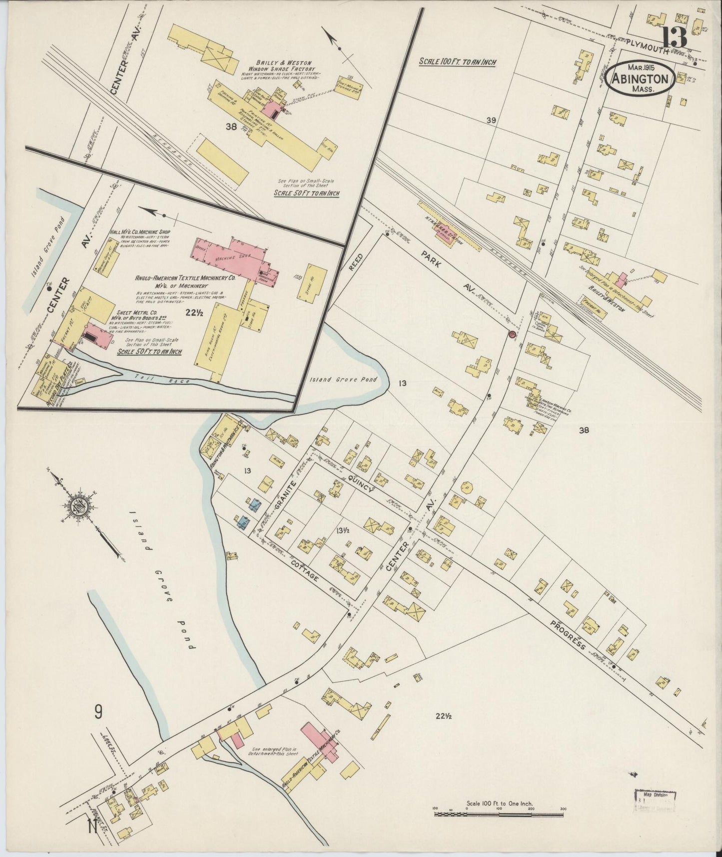 Sanborn Fire Insurance Map from Abington, Plymouth County, Massachusetts (1915), Sheet #0013 - Historic Sanborn Fire Insurance Map Print, vintage old map wall art, antique decor, genealogy gift, Massachusetts Massachusetts map