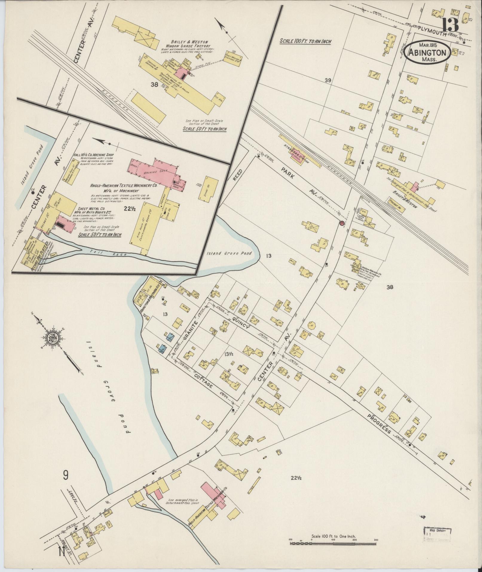 Sanborn Fire Insurance Map from Abington, Plymouth County, Massachusetts (1915), Sheet #0013 - Historic Sanborn Fire Insurance Map Print, vintage old map wall art, antique decor, genealogy gift, Massachusetts Massachusetts map