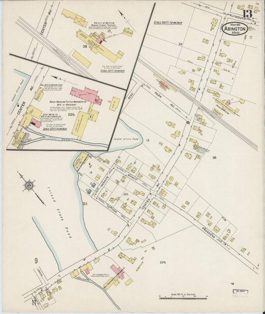 Sanborn Fire Insurance Map from Abington, Plymouth County, Massachusetts (1915), Sheet #0013 - Historic Sanborn Fire Insurance Map Print, vintage old map wall art, antique decor, genealogy gift, Massachusetts Massachusetts map