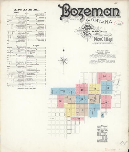 Sanborn Fire Insurance Map from Bozeman, Gallatin County, Montana (1891), Sheet #0001 - Complete Map Set gallery image, historic Sanborn map, vintage wall art, Montana Montana