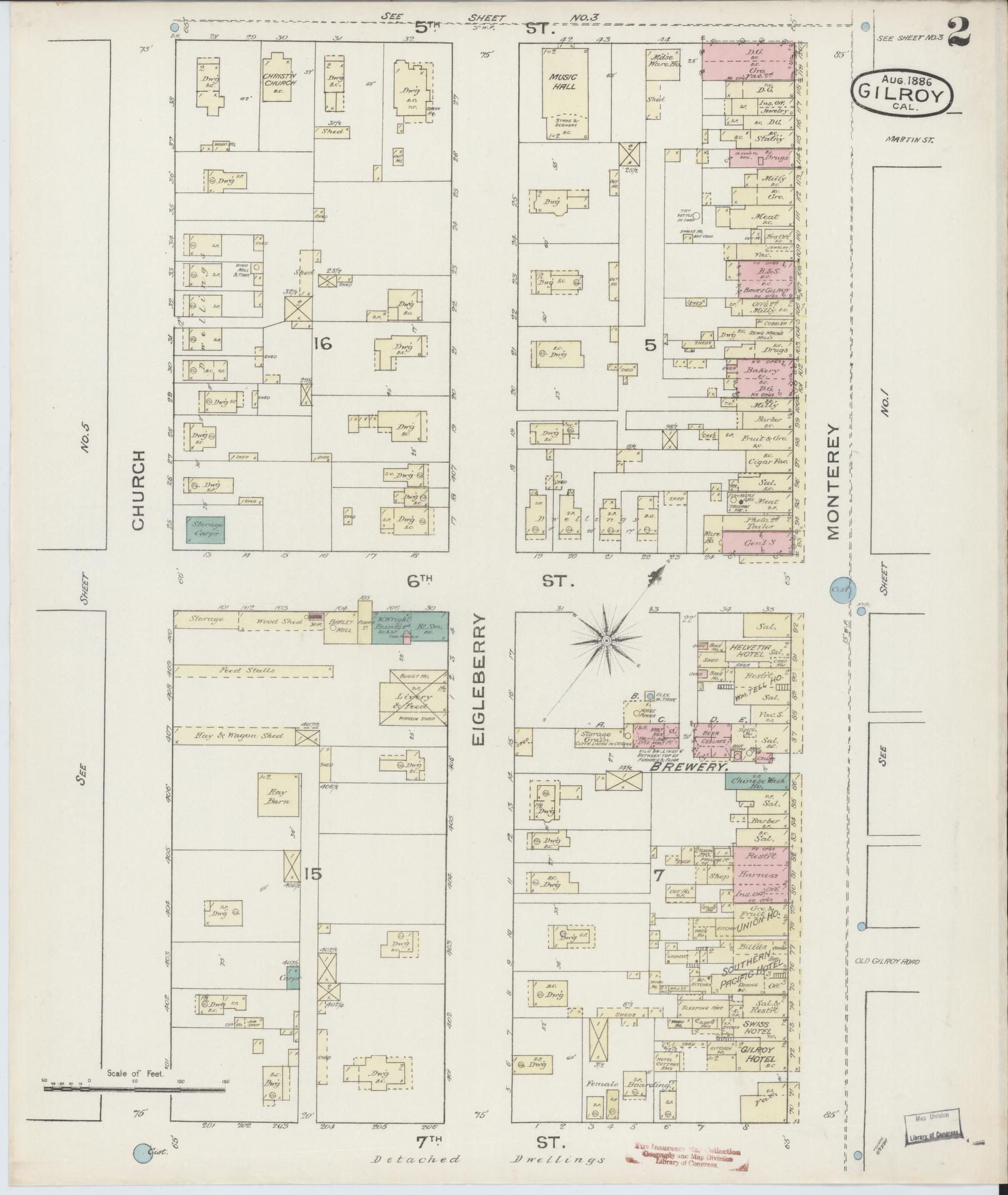 Sanborn Fire Insurance Map from Gilroy, Santa Clara County, California (1886), Sheet #0002 - Historic Sanborn Fire Insurance Map Print, vintage old map wall art, antique decor, genealogy gift, California California map