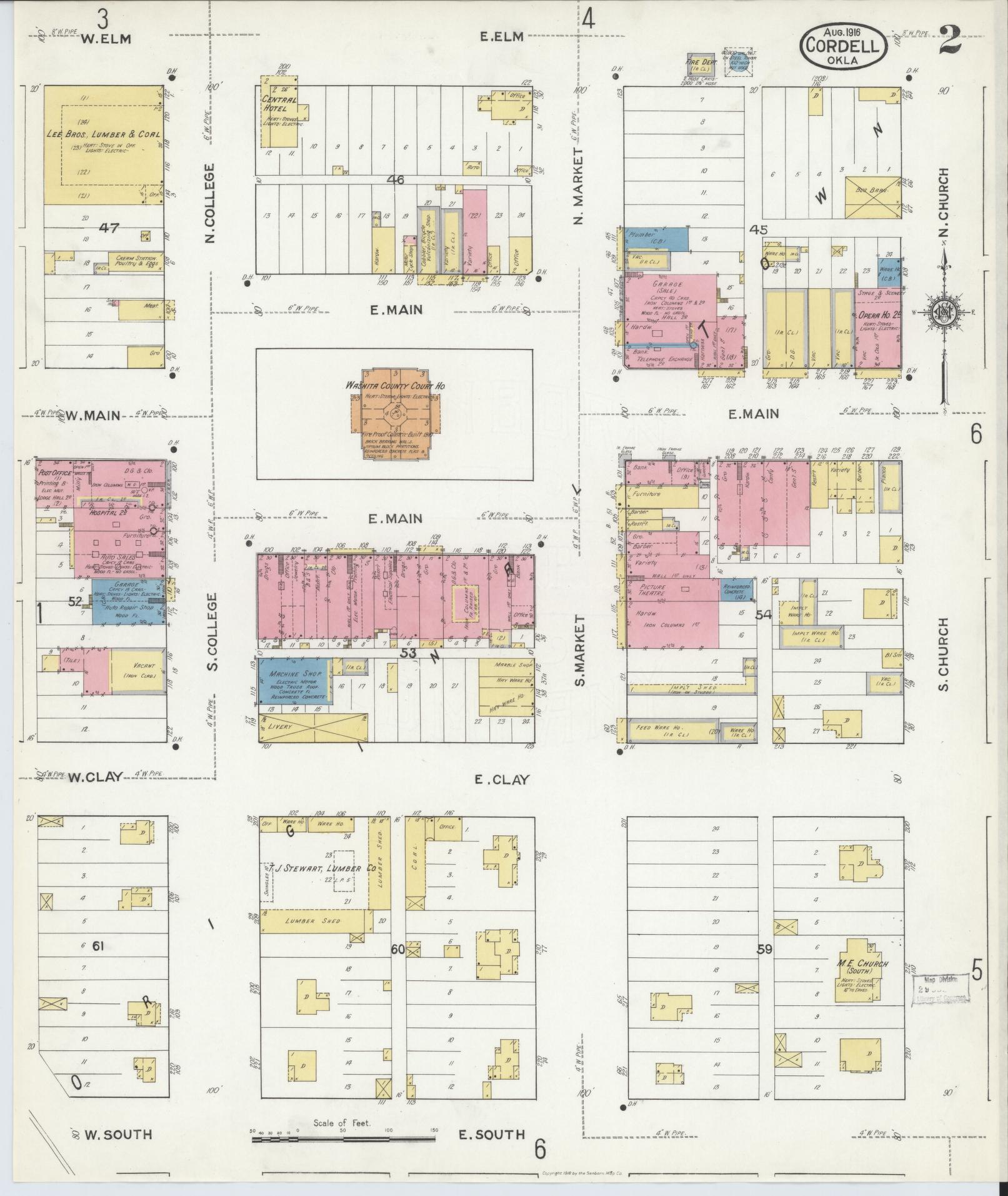 Sanborn Fire Insurance Map from Cordell, Washita County, Oklahoma (1916), Sheet #0002 - Historic Sanborn Fire Insurance Map Print, vintage old map wall art, antique decor, genealogy gift, Oklahoma Oklahoma map