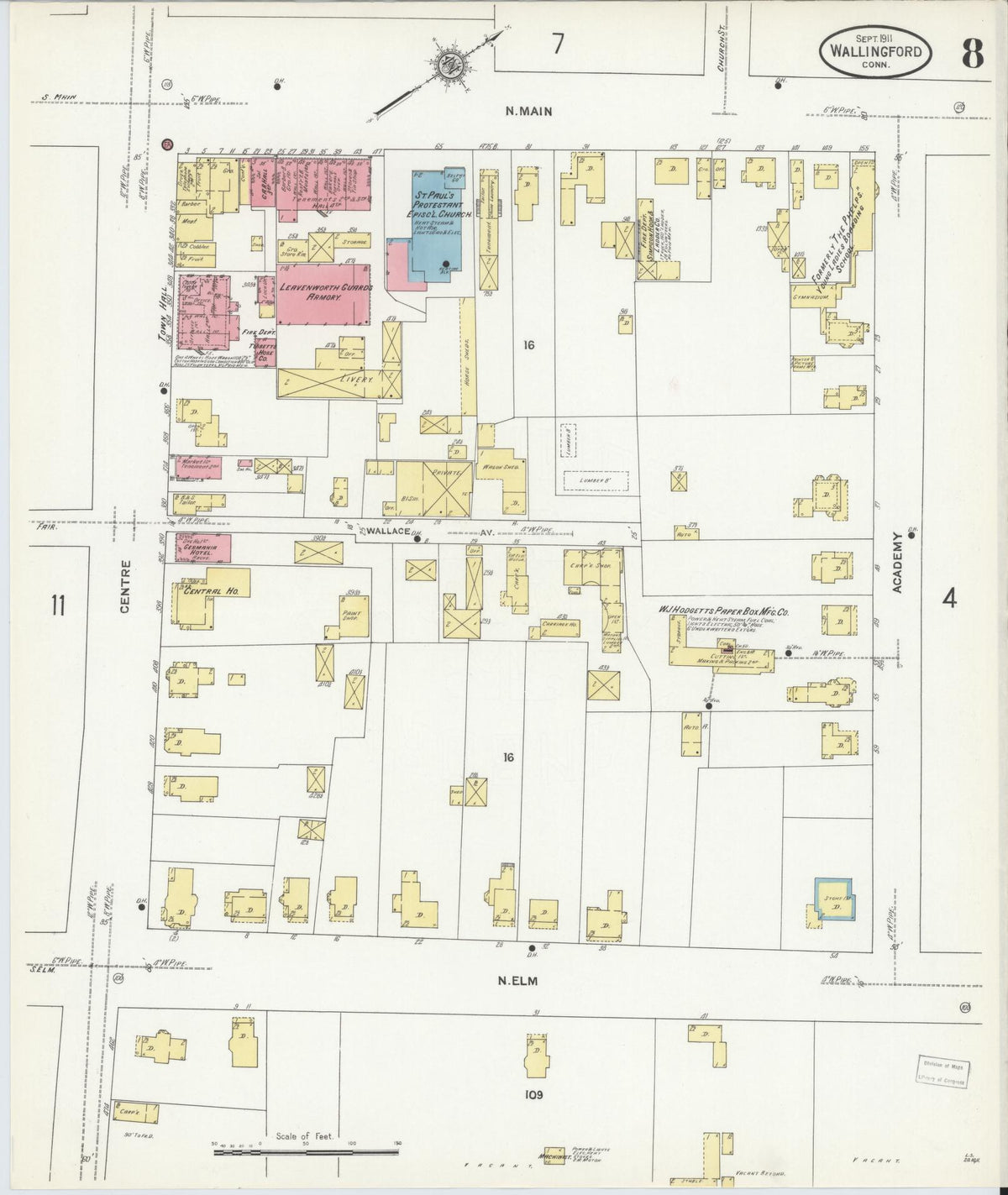 Sanborn Fire Insurance Map from Wallingford, New Haven County, Connecticut (1911), Sheet #0008 - Historic Sanborn Fire Insurance Map Print, vintage old map wall art, antique decor, genealogy gift, Connecticut Connecticut map