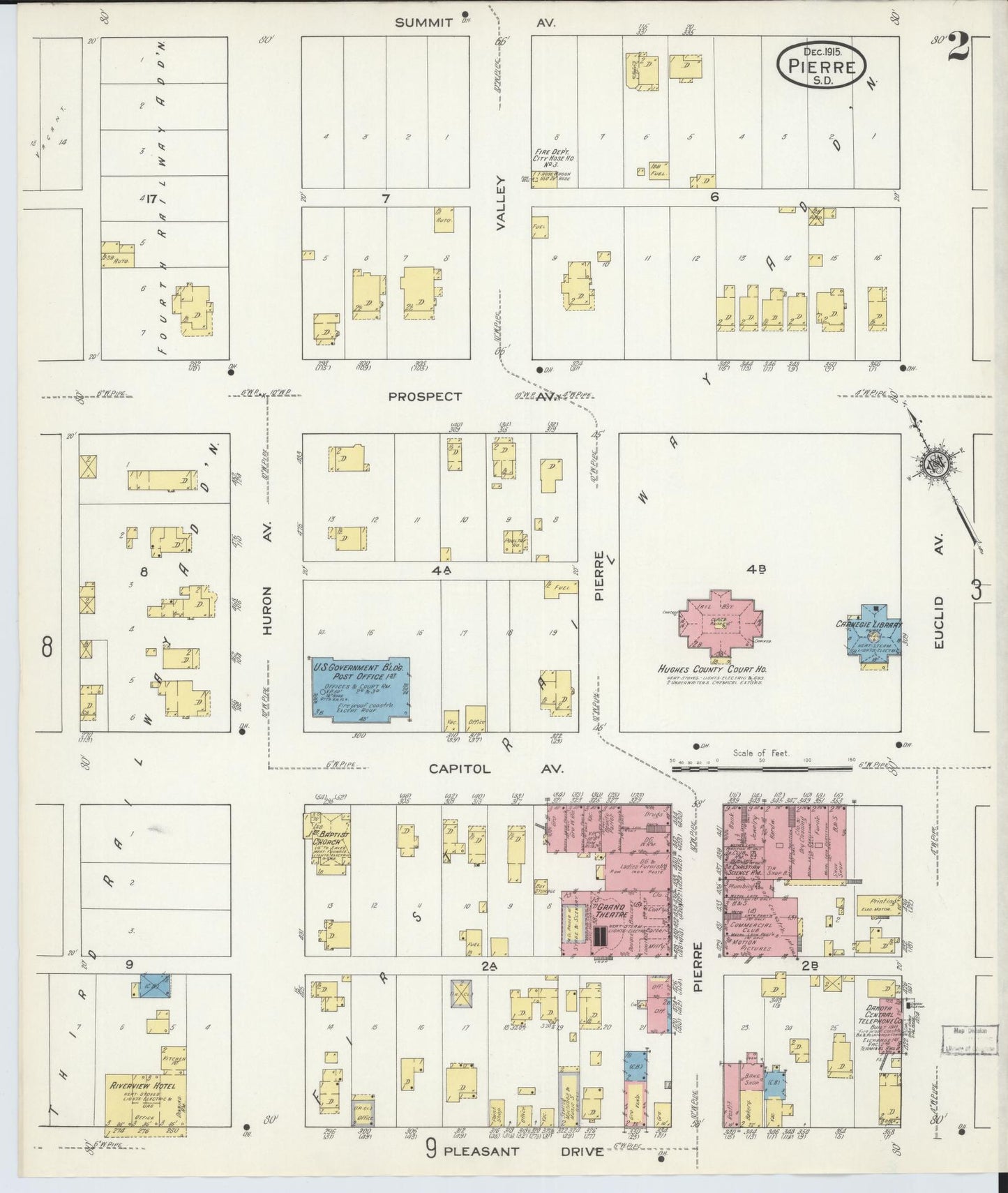 Sanborn Fire Insurance Map from Pierre, Hughes County, South Dakota (1915), Sheet #0002 - Historic Sanborn Fire Insurance Map Print, vintage old map wall art, antique decor, genealogy gift, South Dakota South Dakota map