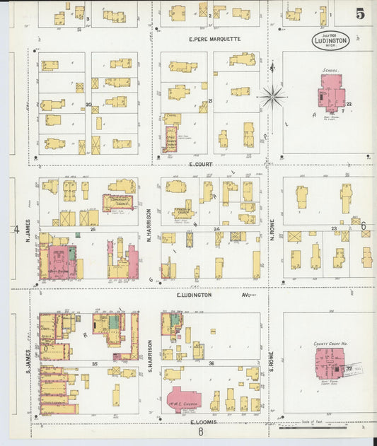 Sanborn Fire Insurance Map from Ludington, Mason County, Michigan (1900), Sheet #0005 - Historic Sanborn Fire Insurance Map Print, vintage old map wall art, antique decor, genealogy gift, Michigan Michigan map