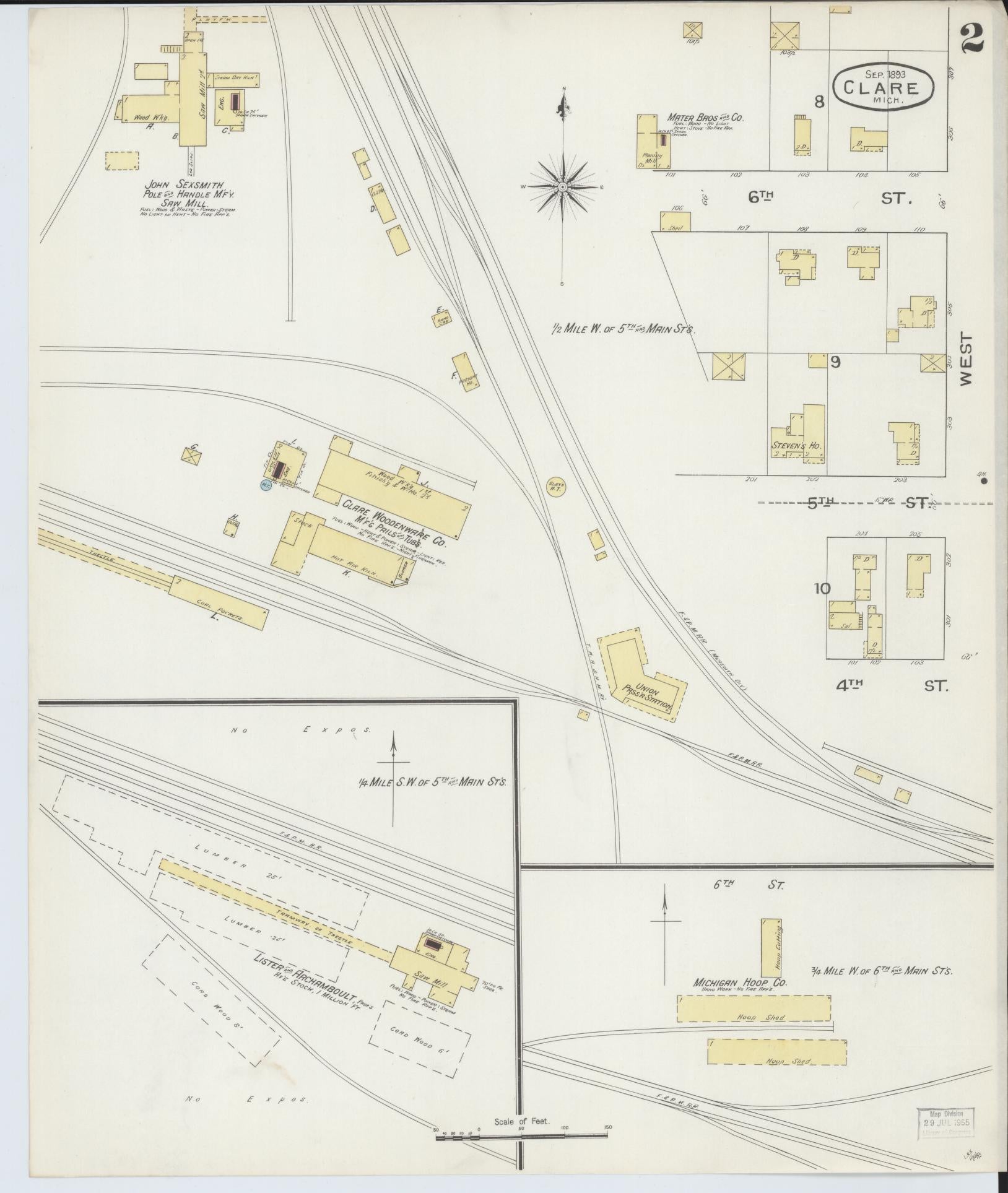 Sanborn Fire Insurance Map from Clare, Clare County, Michigan (1893), Sheet #0002 - Historic Sanborn Fire Insurance Map Print, vintage old map wall art, antique decor, genealogy gift, Michigan Michigan map
